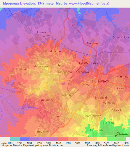 Mpopoma,Zimbabwe Elevation Map