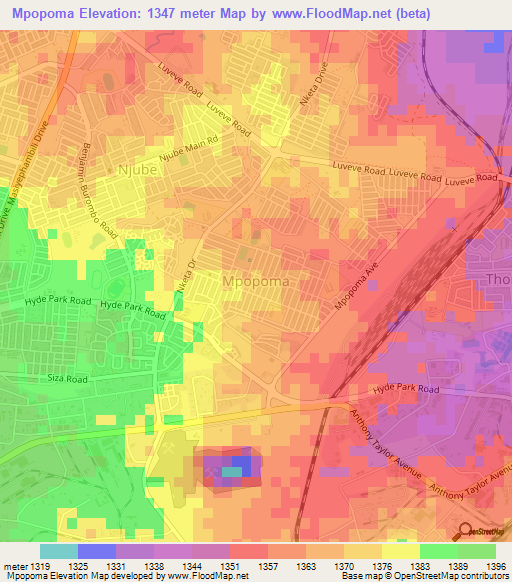 Mpopoma,Zimbabwe Elevation Map