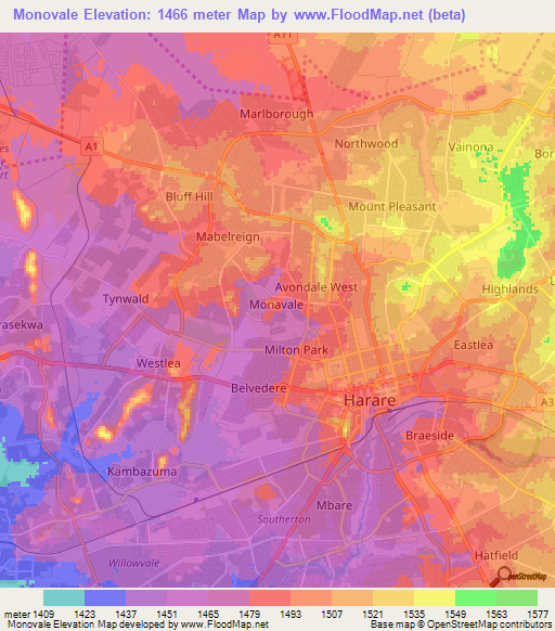 Monovale,Zimbabwe Elevation Map