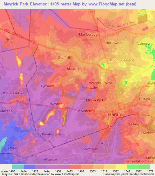 Meyrick Park,Zimbabwe Elevation Map