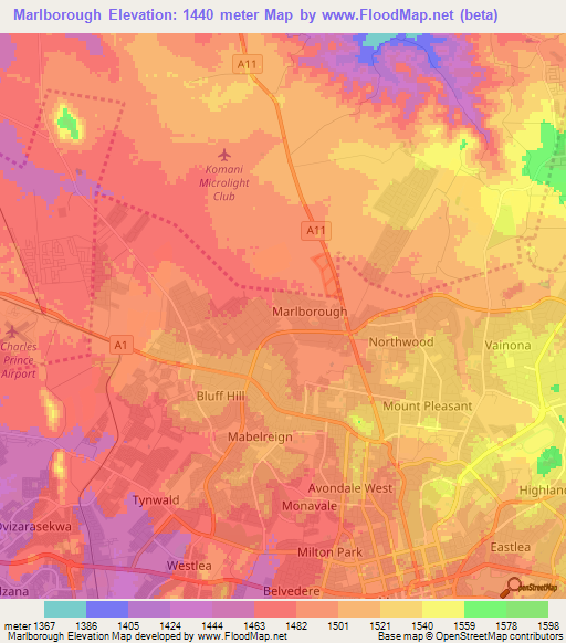 Marlborough,Zimbabwe Elevation Map