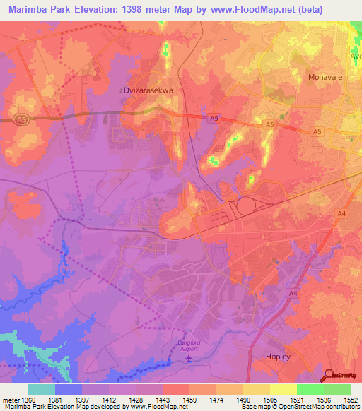 Marimba Park,Zimbabwe Elevation Map