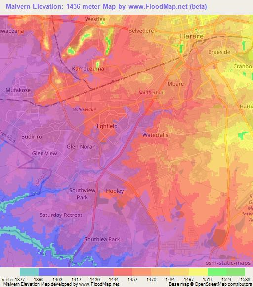 Malvern,Zimbabwe Elevation Map