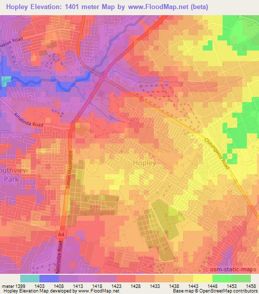 Hopley,Zimbabwe Elevation Map