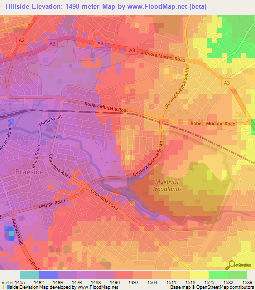 Hillside,Zimbabwe Elevation Map
