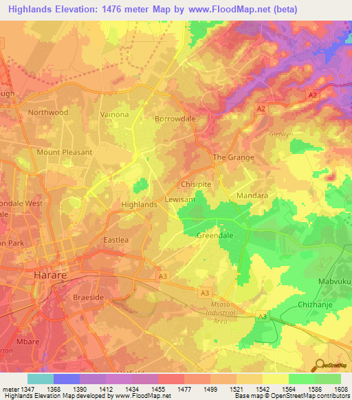 Highlands,Zimbabwe Elevation Map