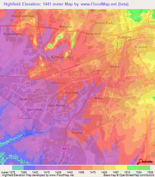 Highfield,Zimbabwe Elevation Map
