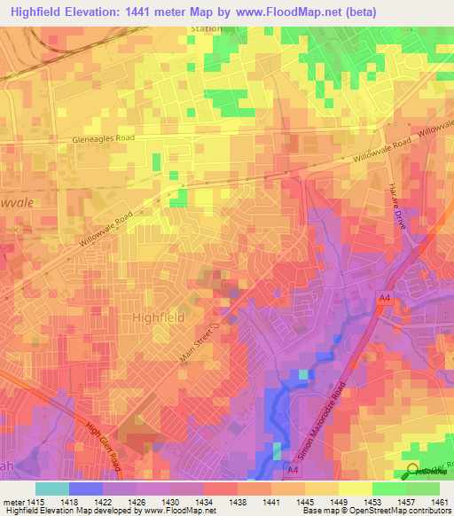 Highfield,Zimbabwe Elevation Map