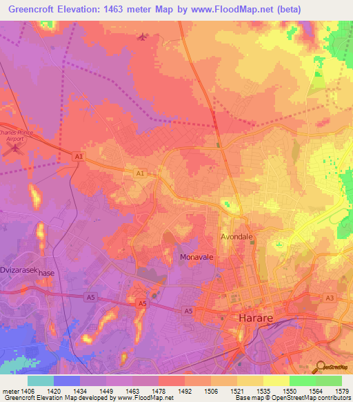Greencroft,Zimbabwe Elevation Map