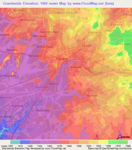 Graniteside,Zimbabwe Elevation Map