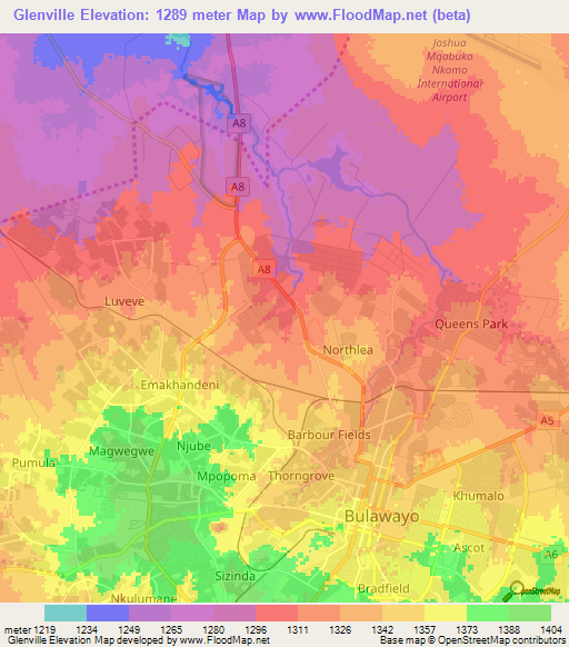 Glenville,Zimbabwe Elevation Map