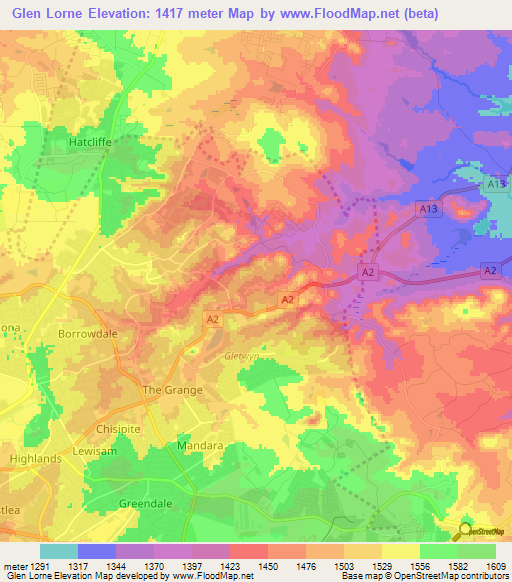 Glen Lorne,Zimbabwe Elevation Map
