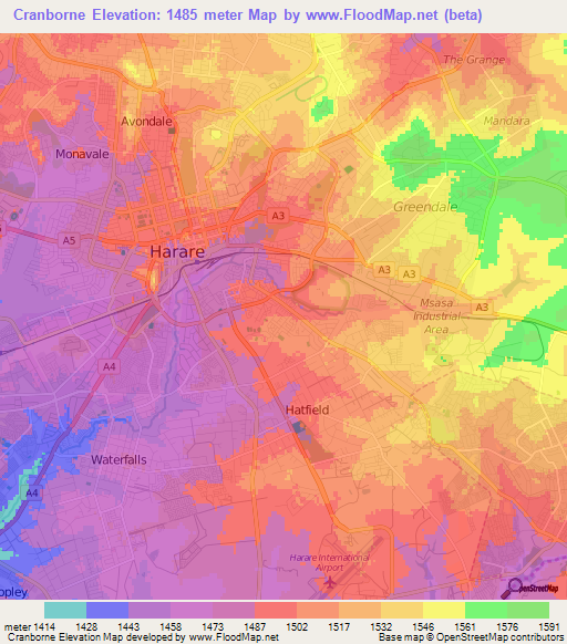 Cranborne,Zimbabwe Elevation Map