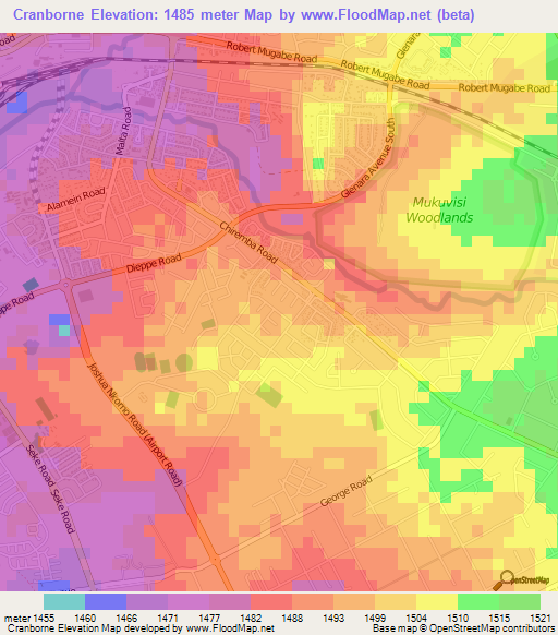 Cranborne,Zimbabwe Elevation Map