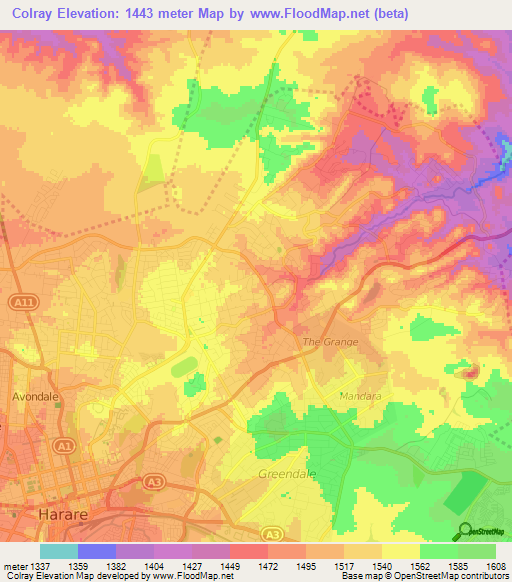 Colray,Zimbabwe Elevation Map