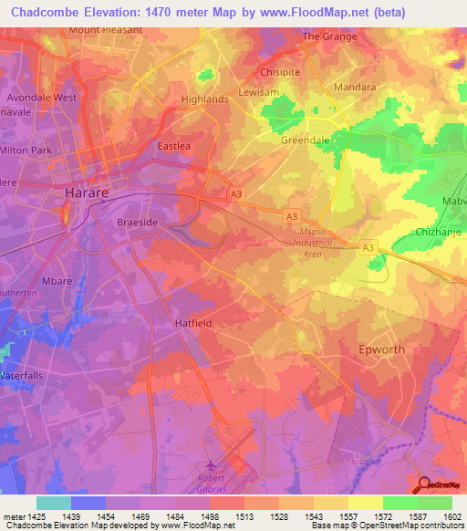 Chadcombe,Zimbabwe Elevation Map