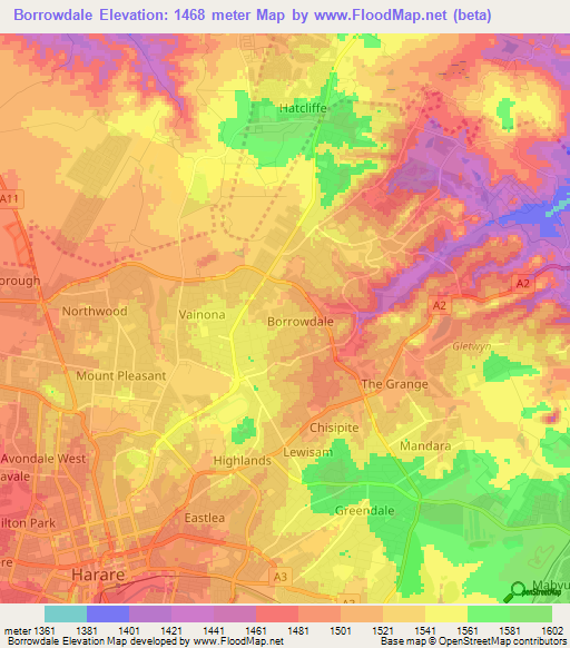 Borrowdale,Zimbabwe Elevation Map