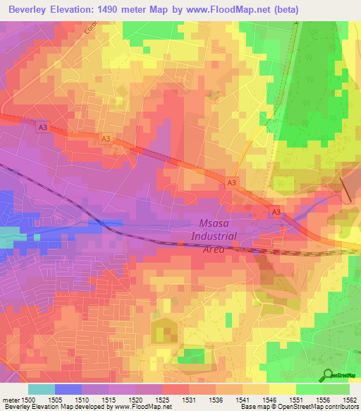 Beverley,Zimbabwe Elevation Map