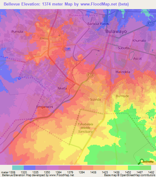 Bellevue,Zimbabwe Elevation Map