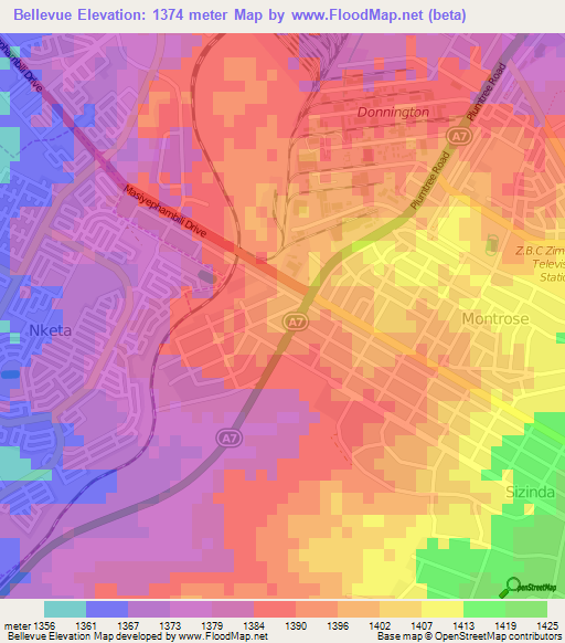 Bellevue,Zimbabwe Elevation Map