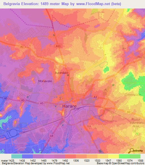 Belgravia,Zimbabwe Elevation Map