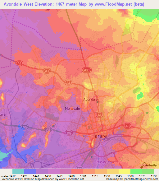 Avondale West,Zimbabwe Elevation Map