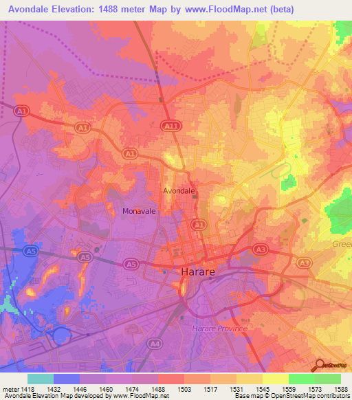 Avondale,Zimbabwe Elevation Map