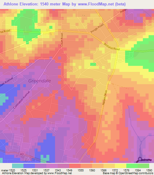 Athlone,Zimbabwe Elevation Map