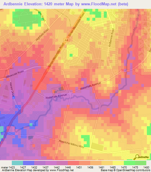 Ardbennie,Zimbabwe Elevation Map
