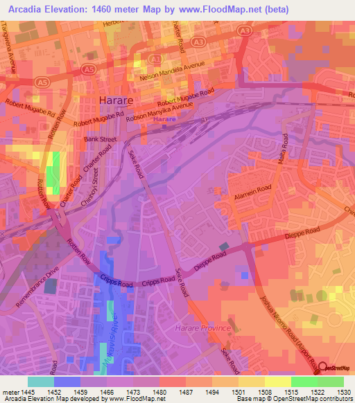 Arcadia,Zimbabwe Elevation Map
