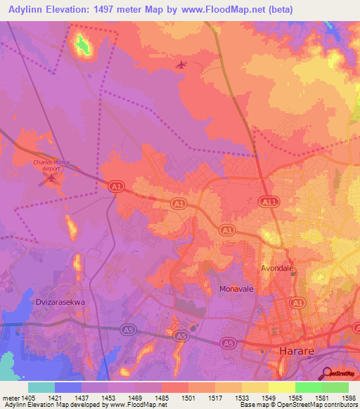 Adylinn,Zimbabwe Elevation Map