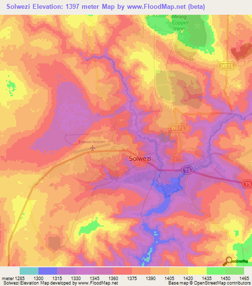 Solwezi,Zambia Elevation Map