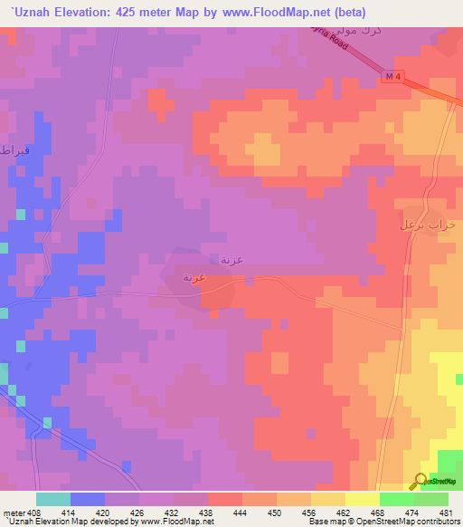 `Uznah,Syria Elevation Map