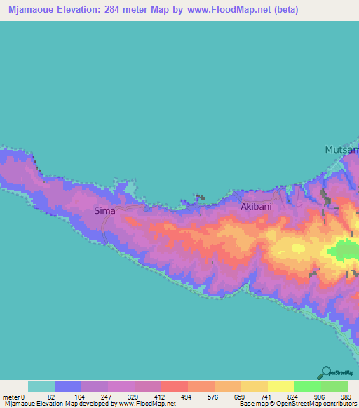 Mjamaoue,Comoros Elevation Map