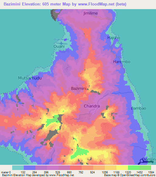 Bazimini,Comoros Elevation Map