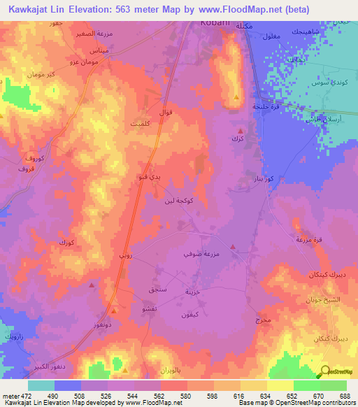 Kawkajat Lin,Syria Elevation Map