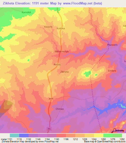Zikheta,Malawi Elevation Map