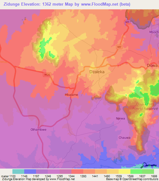 Zidunge,Malawi Elevation Map