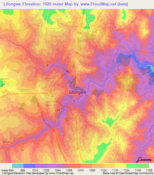 Lilongwe,Malawi Elevation Map