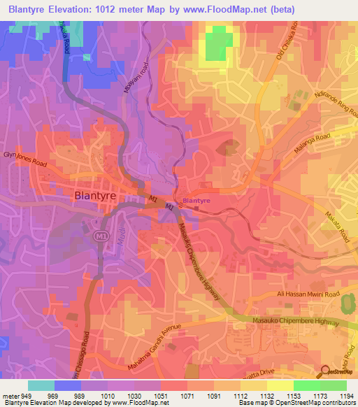 Blantyre,Malawi Elevation Map