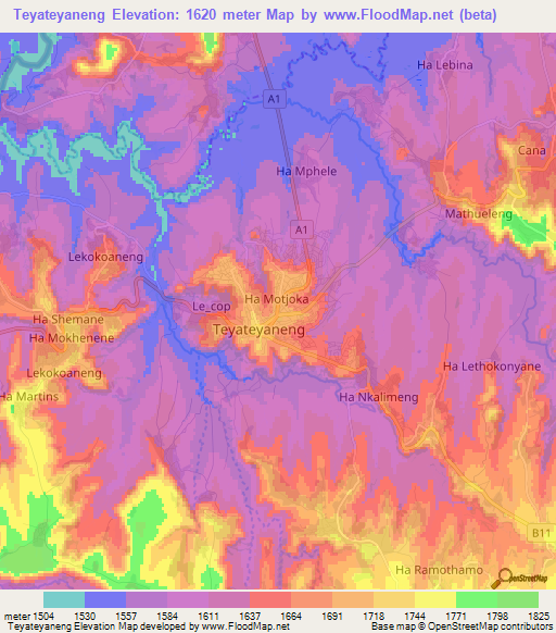 Teyateyaneng,Lesotho Elevation Map