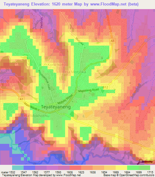 Teyateyaneng,Lesotho Elevation Map