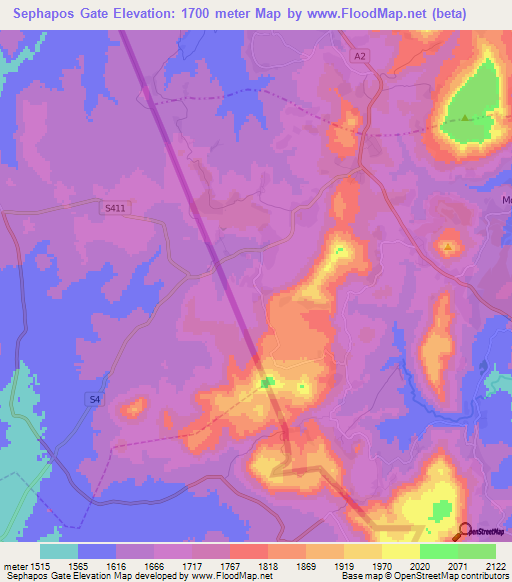 Sephapos Gate,Lesotho Elevation Map
