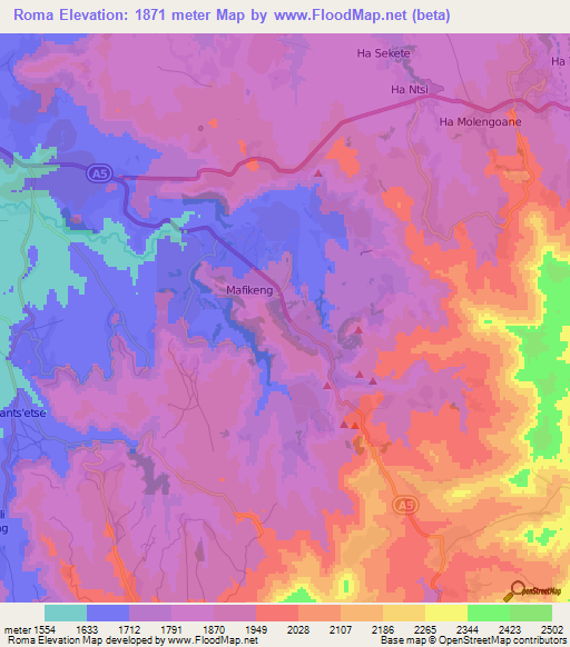 Roma,Lesotho Elevation Map