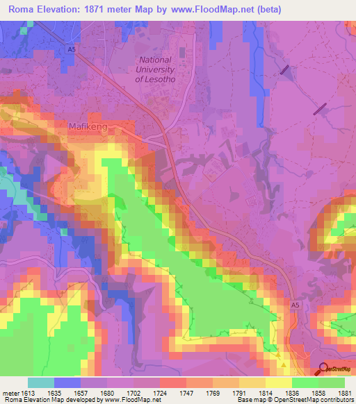 Roma,Lesotho Elevation Map