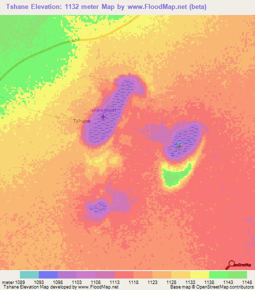 Tshane,Botswana Elevation Map