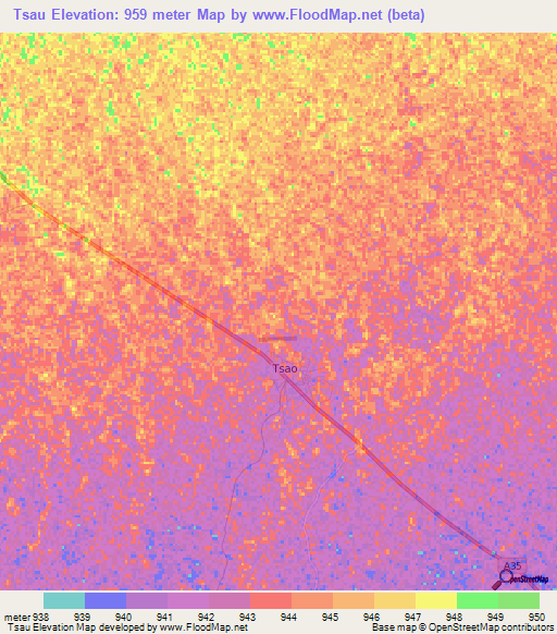 Tsau,Botswana Elevation Map
