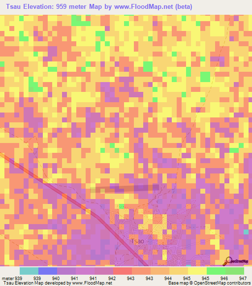 Tsau,Botswana Elevation Map