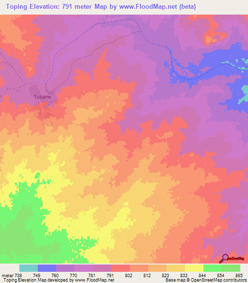 Toping,Botswana Elevation Map