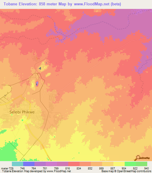 Tobane,Botswana Elevation Map